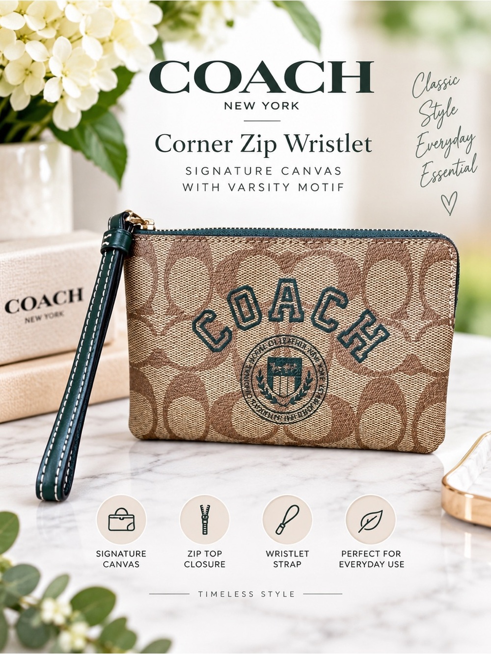 Coach Corner Zip Wristlet in Signature Canvas with a Varsity Motif NWOT